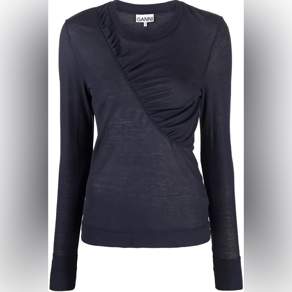 GANNI navy ruched long sleeve tee